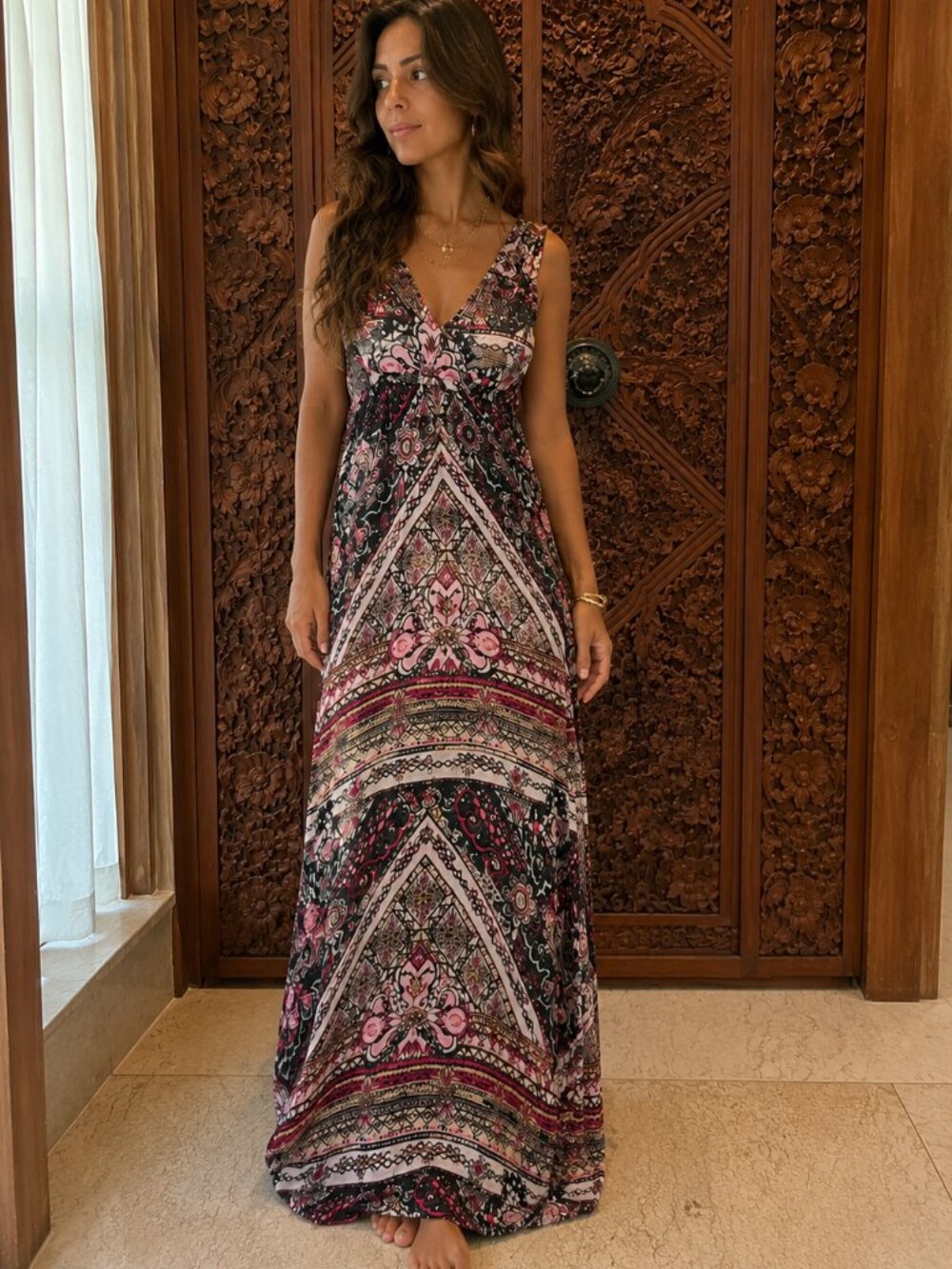 Boho Open Back Maxi Dress | Ethnic Print Resort Goddess Dress